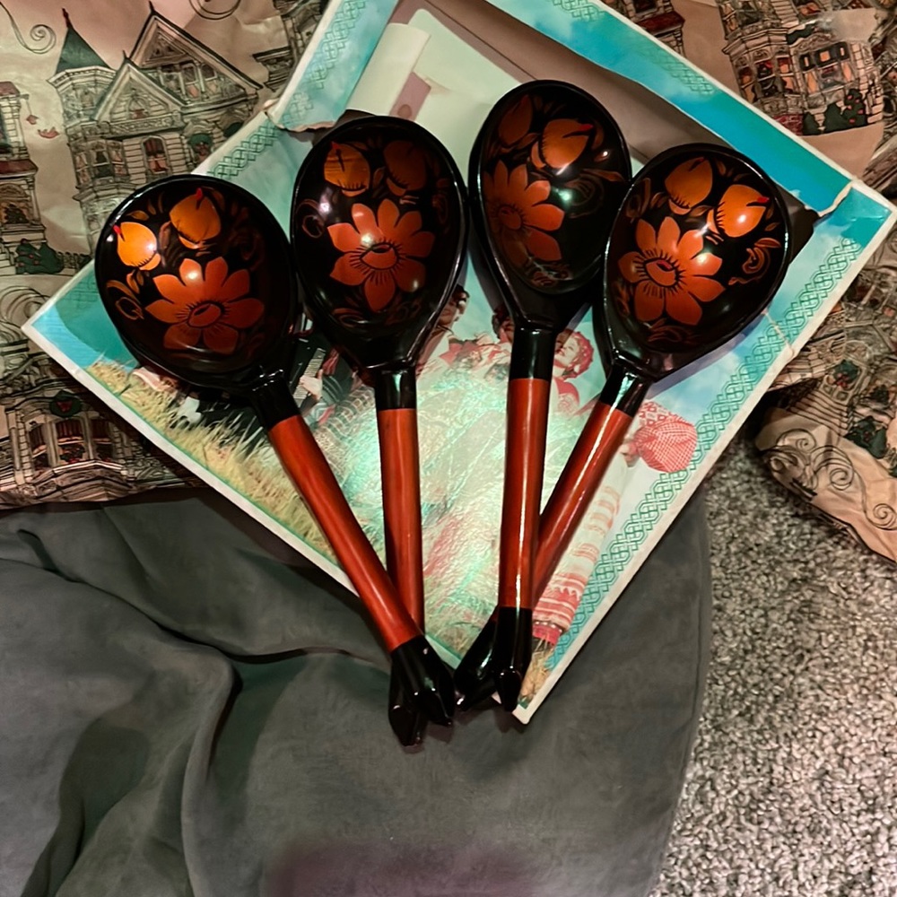 Vintage Russian Khokhloma Laquered Wooden Spoon